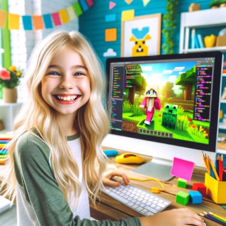 DALL·E 2023-11-27 15.28.41 - A young blonde girl smiling and learning programming through Minecraft, sitting in front of a high-resolution computer screen. The room is brightly co